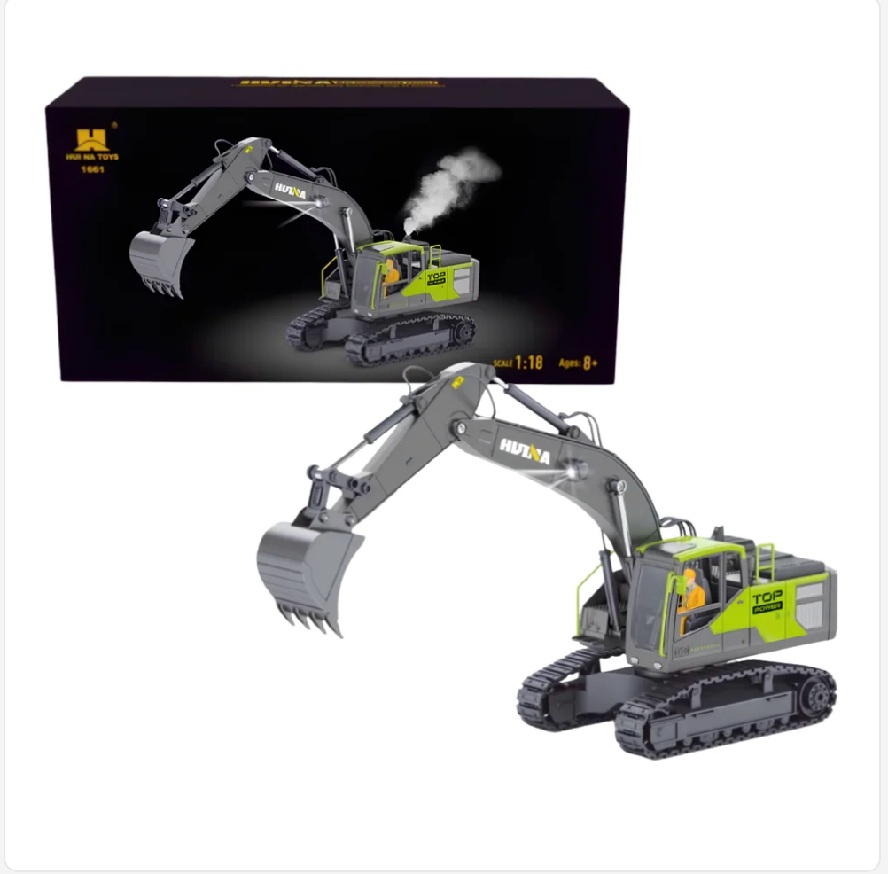 HUINA 1661 1:18 Scale RC Excavator - Die-Cast Metal Construction Vehicle with LED Lights
