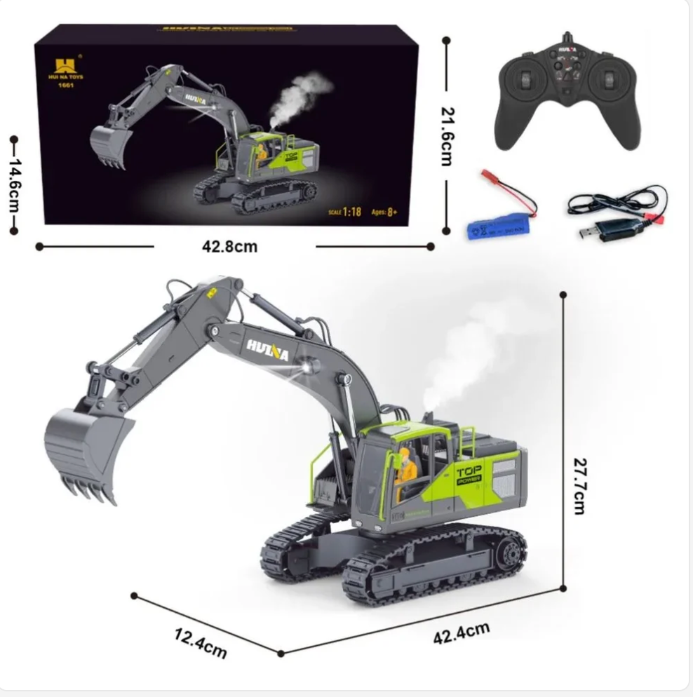 HUINA 1661 1:18 Scale RC Excavator - Die-Cast Metal Construction Vehicle with LED Lights