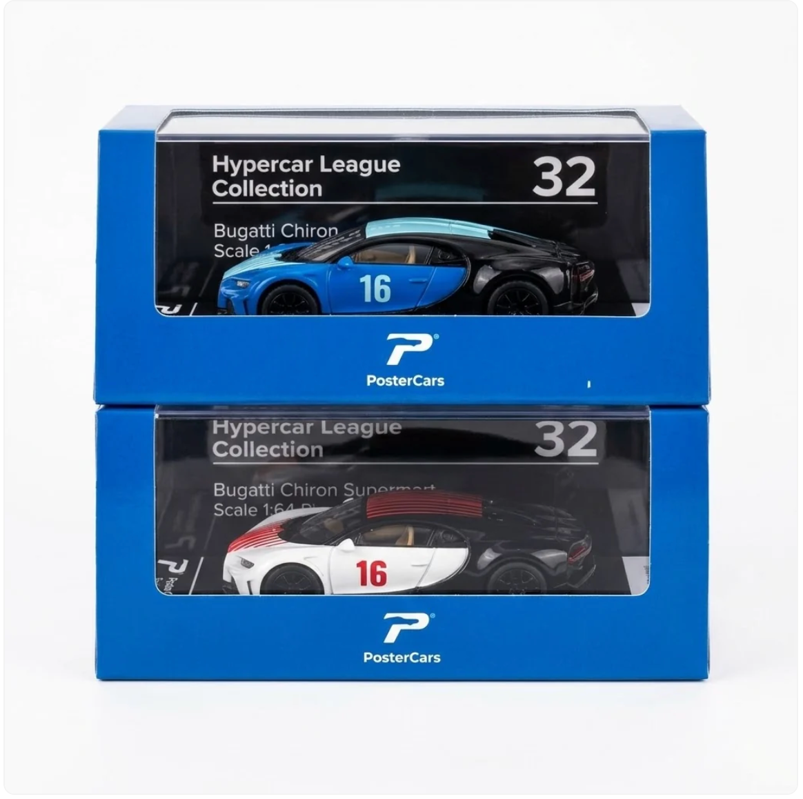 PosterCars | 2-Piece Set | Bugatti Chiron Super Sport | Blue & White | 1:64 Scale |