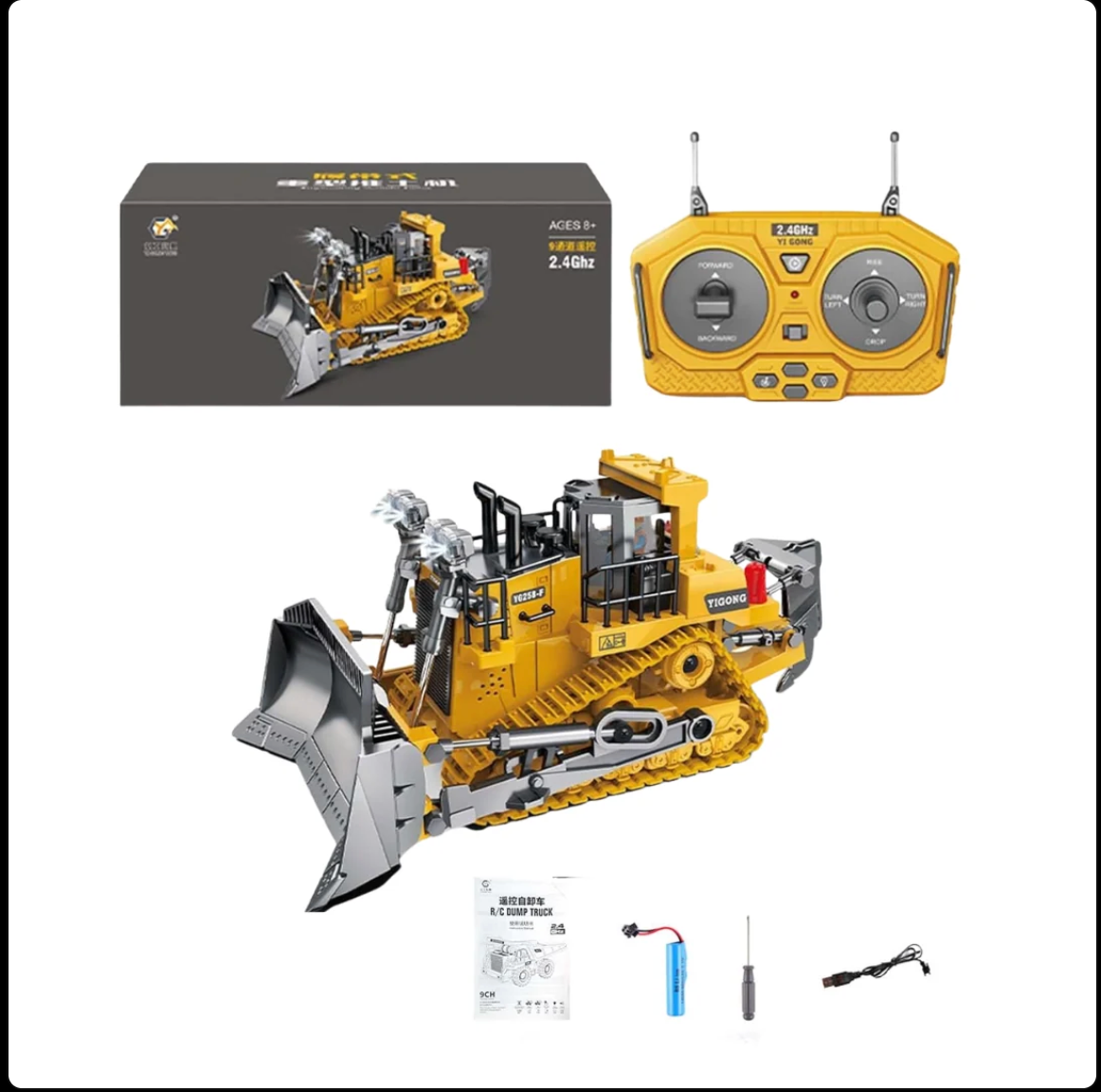 Yi Gong Toys 9CH 2.4GHz RC Track-Type Tractor | Alloy Construction Vehicle |